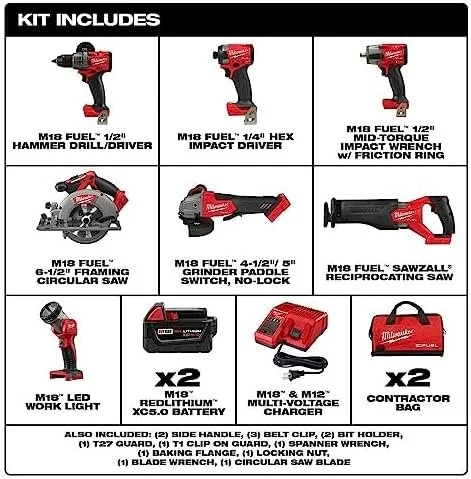 Milwaukee M18 FUEL 18V Lithium-Ion Brushless Cordless Combo Kit with Two 5.0 Ah Batteries, 1 Charger, 2 Tool Bags (7-Tool) - Image 3