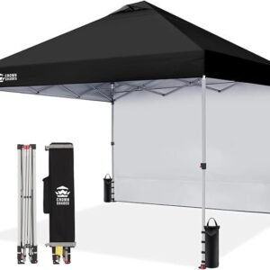CROWN SHADES 10×10 Pop Up Canopy with 1 Side Wall – Beach Tent with One Push Setup – Outdoor Sun Shade for Events, Parties, Camping – Gazebo with STO-N-Go Cover Bag (Black)