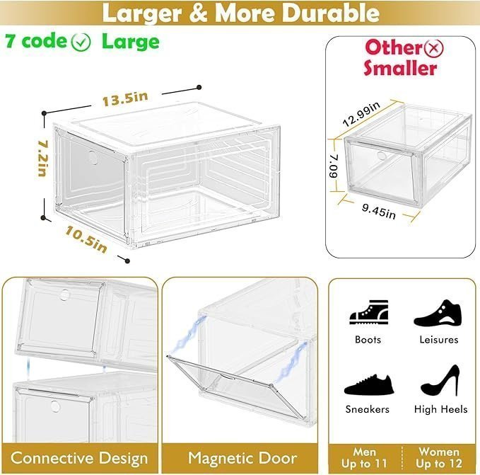 12 Pack Clear Shoe Storage Organizer with Magnetic Door,Stackable Plastic Shoe Boxes for Sneakers,Boots,and Heels,Space-Saving Foldable Shoe Rack for Closet,Durable Shoe Cabinet Organizer,White - Image 4