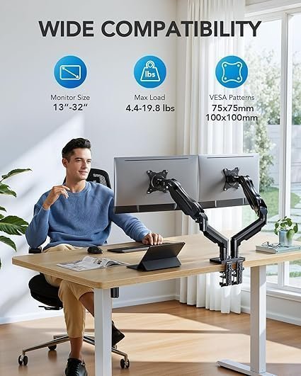 HUANUO FlowLift Dual Monitor Stand, Fully Adjustable Gaming Monitor Desk Mount for 13–32″ Computer Screens, Full Motion VESA 75×75/100×100 with C-Clamp & Grommet Base, Each Arm Holds 4.4 to 19.8 lbs - Image 5