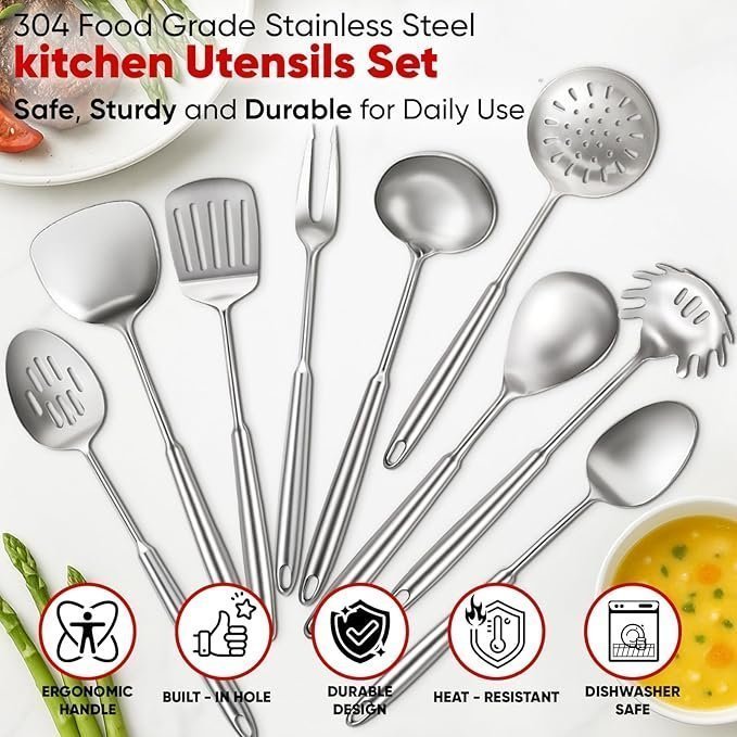 Newness 9 Pcs Cooking Utensils Set, 304 Stainless Steel Kitchen Utensils Set, Metal Kitchen Accessories, Include Soup Ladle, Slotted Skimmer Spoon, Spaghetti Spoon and Spatula, Dishwasher Safe - Image 4