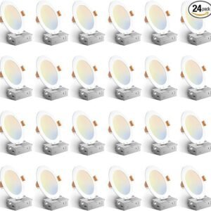 Amico 24 Pack 6 Inch 5CCT Ultra-Thin LED Recessed Ceiling Light with Junction Box, 1050LM Brightness, Dimmable Canless Wafer Downlight, 12W, ETL&FCC