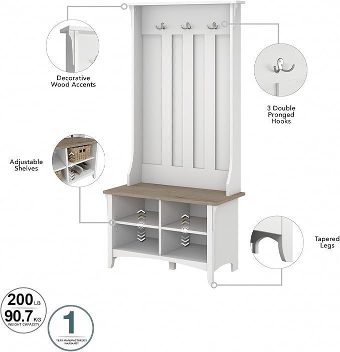Bush Home Salinas Hall Tree with Shoe Storage Bench in Shiplap Gray and Pure White, Multi-Purpose Home Organizer, Entryway Solution with Seating and Hooks - Image 2