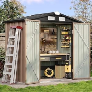 Aoxun 6.2×4 FT Shed Outdoor Storage Shed with Lockable Doors & Slooping Roof Metal Garden Tool Shed for Backyard, Patio, Poolside (Brown)