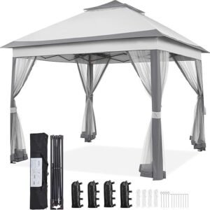 Yaheetech 11×11 Pop Up Gazebo Outdoor Canopy Shelter, Instant Patio Gazebo Sun Shade Canopy Tent with 4 Sandbags, 2 Tiers Roof & Mesh Netting for Lawn, Garden, Backyard & Deck, Gray