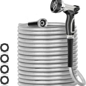 SPECILITE 200ft 304 Stainless Steel Garden Hose Metal, Heavy Duty Water Pipe with Nozzles for Yard, Outdoor – Flexible, Never Kink & Tangle, Puncture Resistant (Sliver)